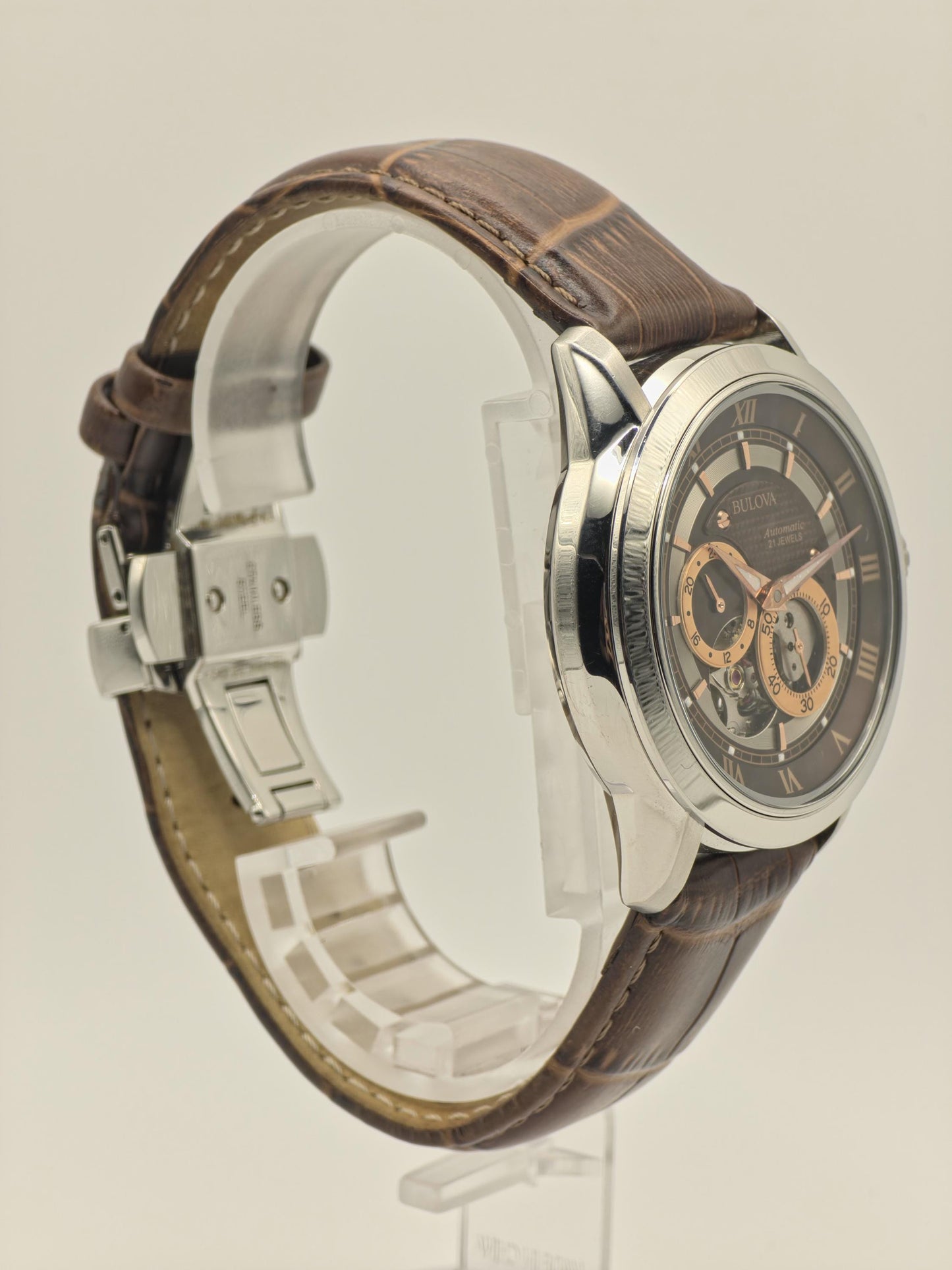 Bulova 96A120 Automatic Skeleton Watch Brown Dial Open Heart Leather Strap Japan Movt - 6