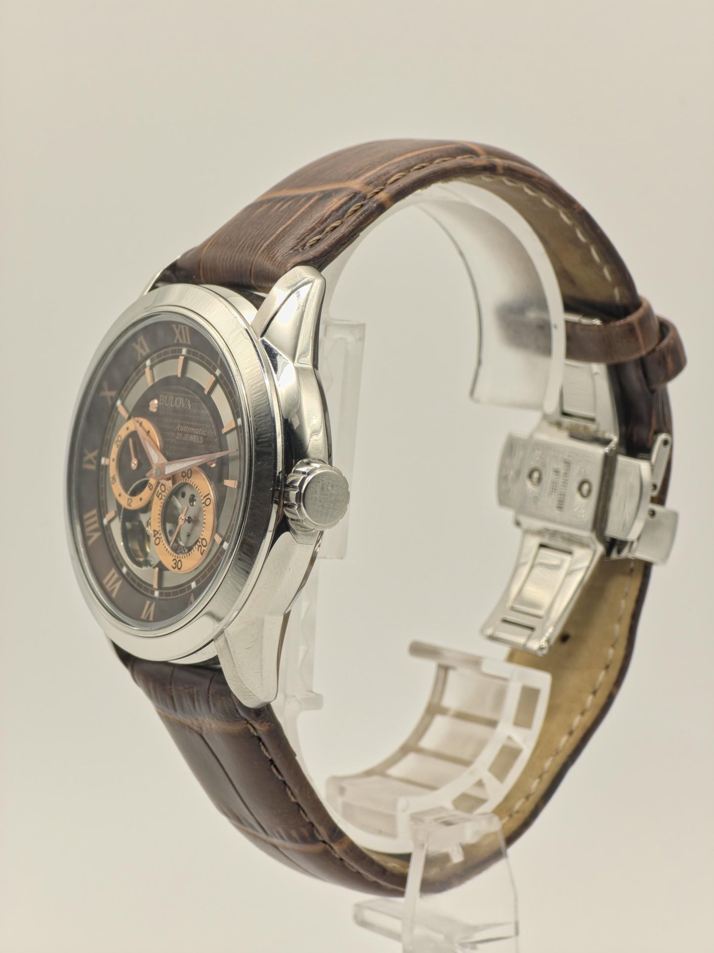 Bulova 96A120 Automatic Skeleton Watch Brown Dial Open Heart Leather Strap Japan Movt - 6