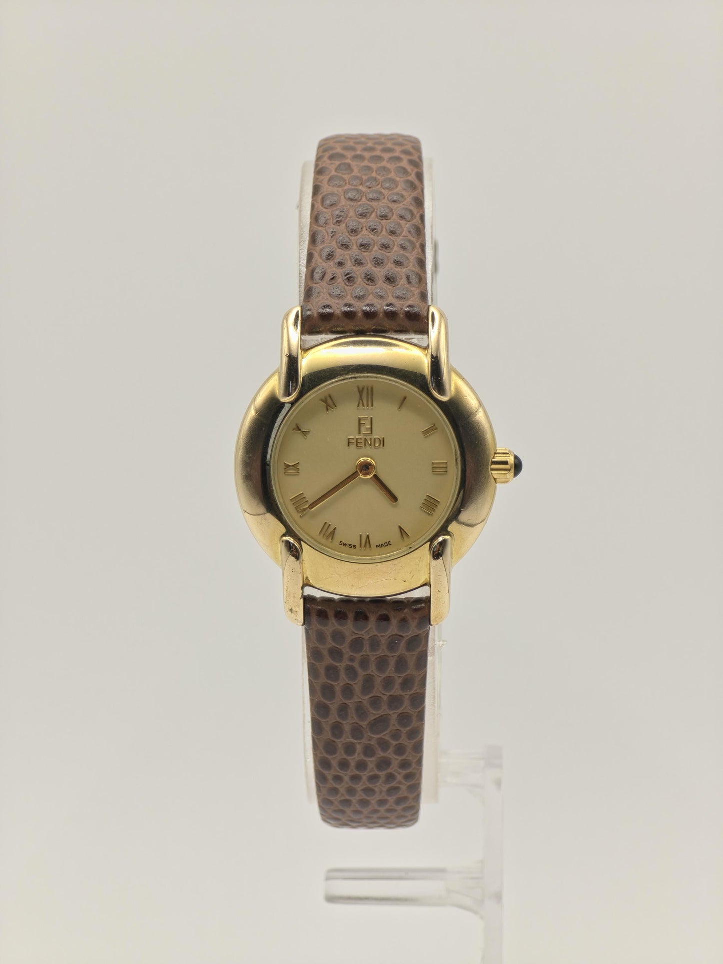 Vintage Fendi Ladies Quartz Watch Gold Tone Roman Dial Brown Leather Strap Swiss Made - 10