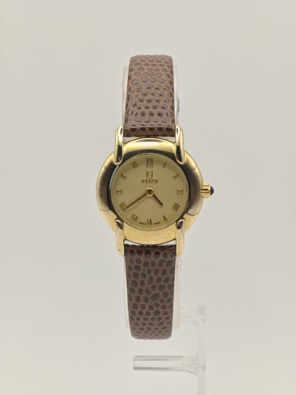 Vintage Fendi Ladies Quartz Watch Gold Tone Roman Dial Brown Leather Strap Swiss Made - 10