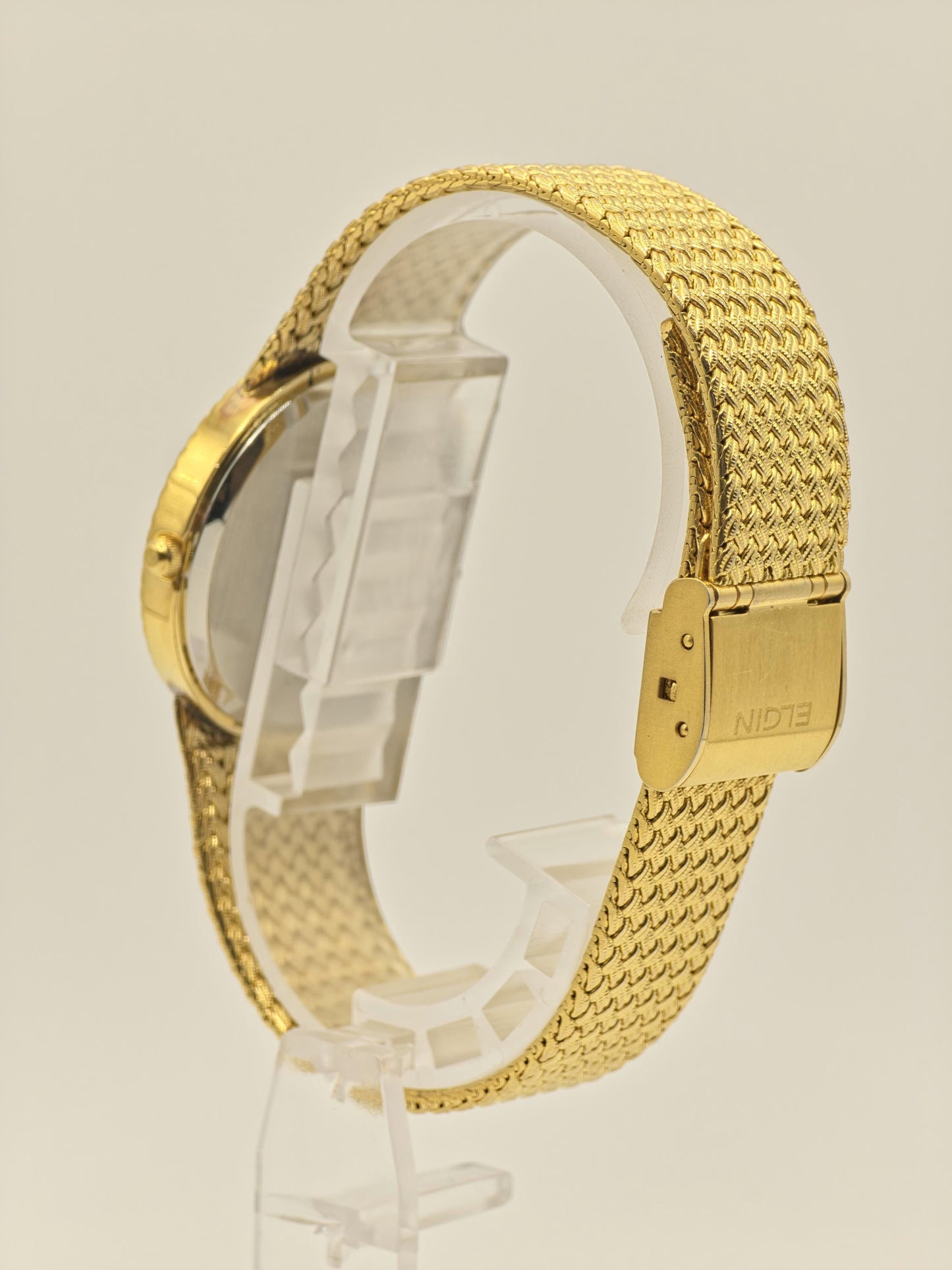 Vintage Elgin Unisex Quartz Watch Gold Tone Mesh Bracelet Swiss Movement Crystal Dial - 11