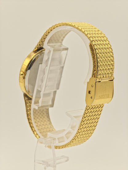Vintage Elgin Unisex Quartz Watch Gold Tone Mesh Bracelet Swiss Movement Crystal Dial - 11