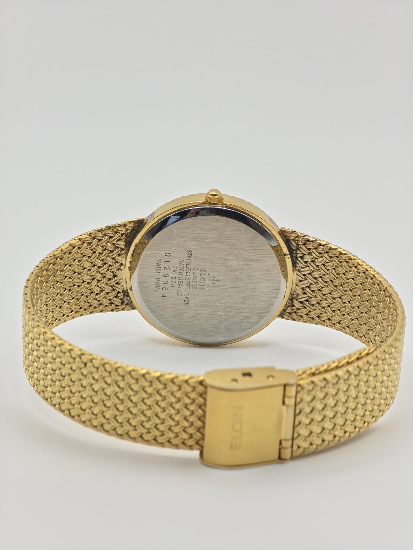 Vintage Elgin Unisex Quartz Watch Gold Tone Mesh Bracelet Swiss Movement Crystal Dial - 11