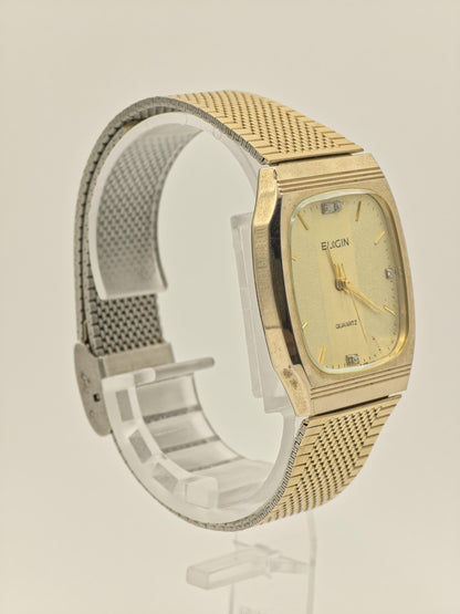 Vintage Elgin Unisex Quartz Watch Gold Tone Square Case Mesh Bracelet Swiss Movement - 12