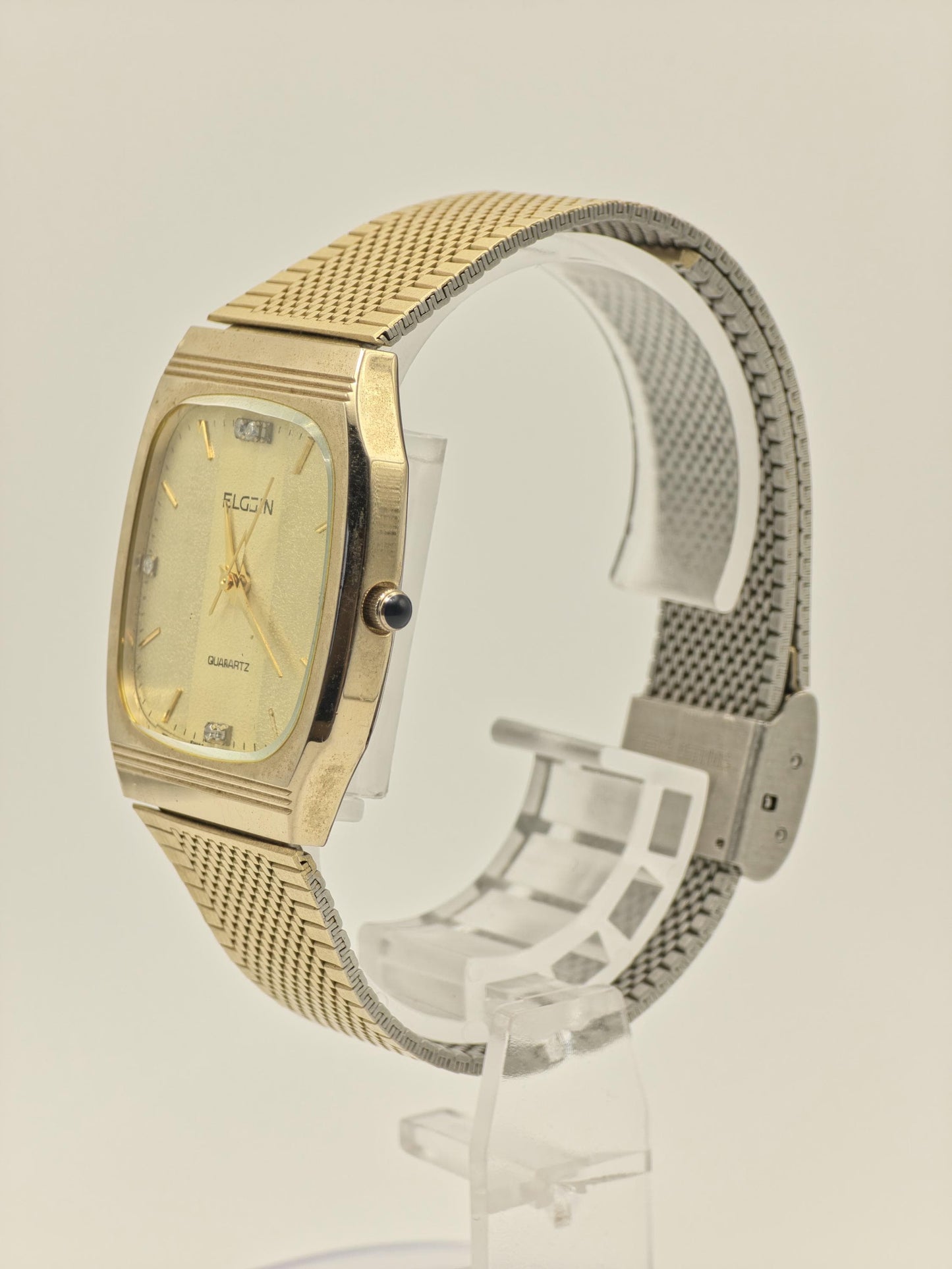 Vintage Elgin Unisex Quartz Watch Gold Tone Square Case Mesh Bracelet Swiss Movement - 12