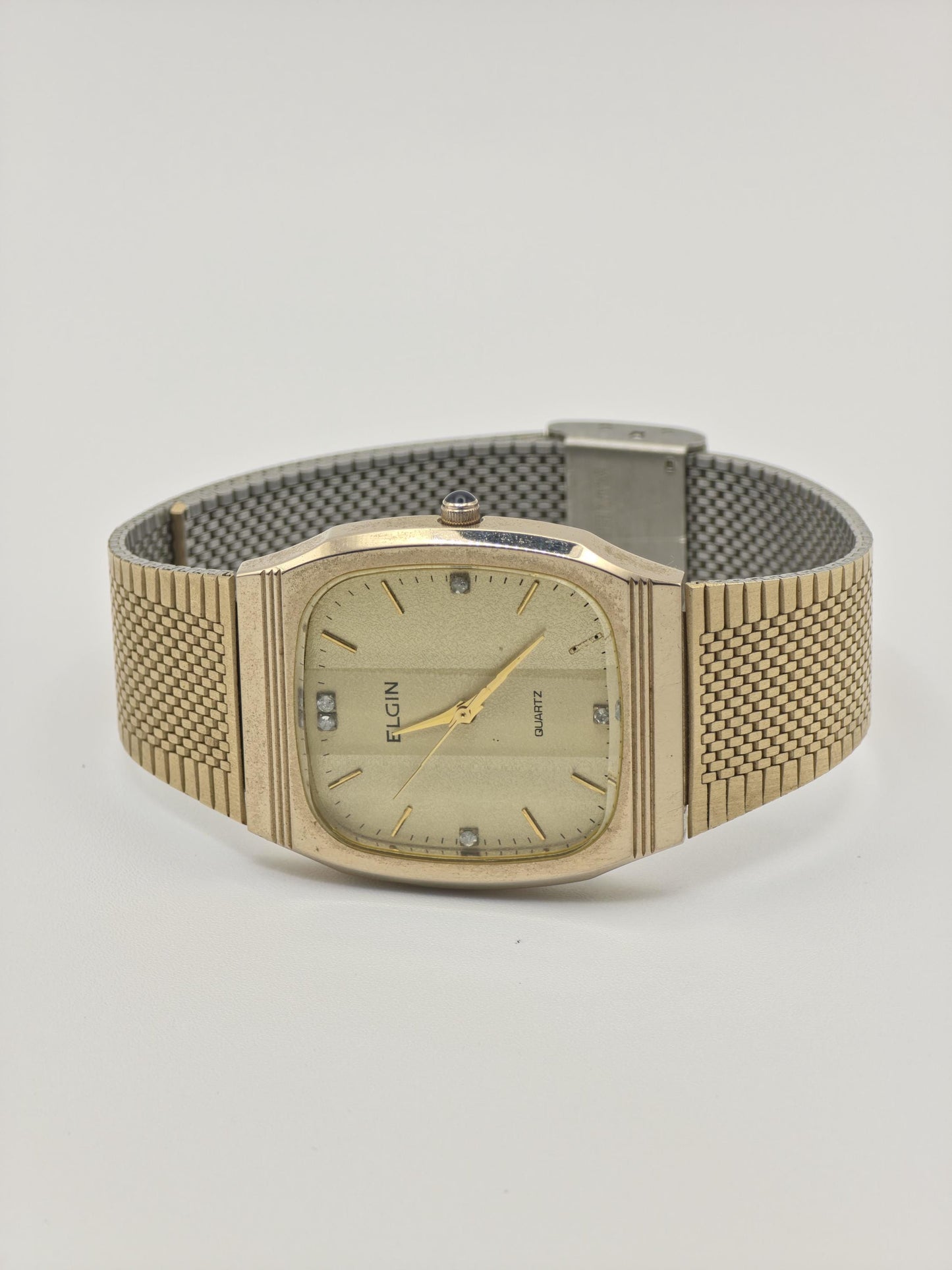 Vintage Elgin Unisex Quartz Watch Gold Tone Square Case Mesh Bracelet Swiss Movement - 12