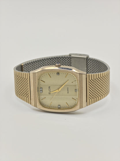 Vintage Elgin Unisex Quartz Watch Gold Tone Square Case Mesh Bracelet Swiss Movement - 12