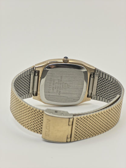 Vintage Elgin Unisex Quartz Watch Gold Tone Square Case Mesh Bracelet Swiss Movement - 12