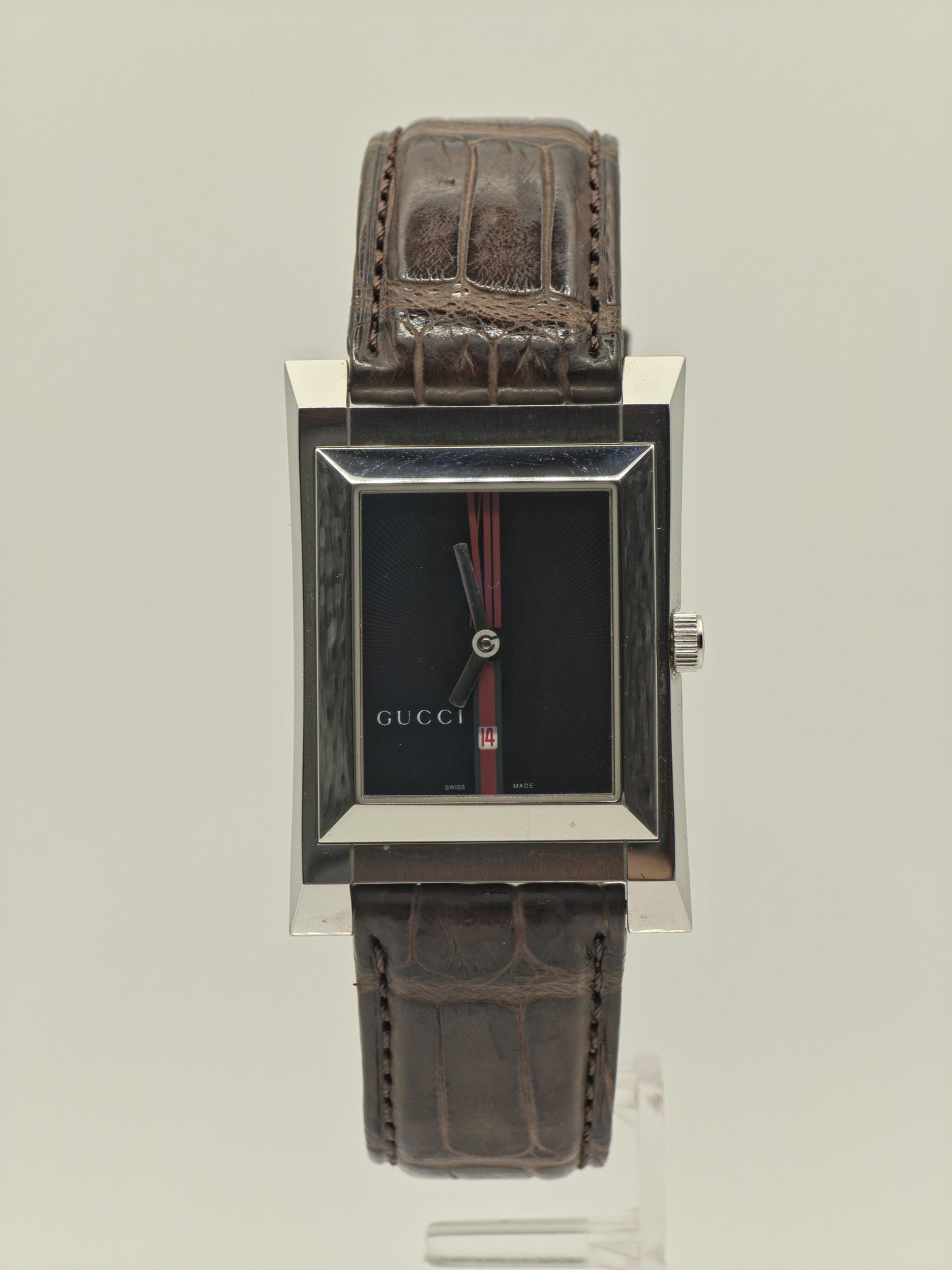Gucci 111M Men Swiss Quartz Watch Rectangular Case Black Dial Date Leather Strap Authentic | - 25