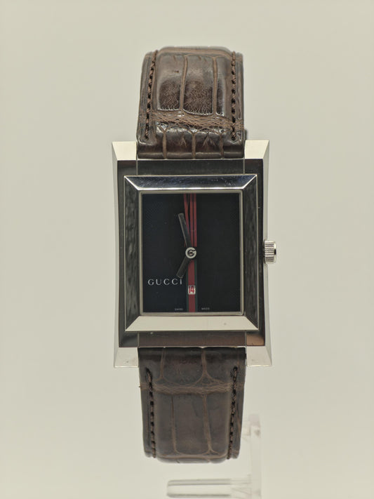 Gucci 111M Men Swiss Quartz Watch Rectangular Case Black Dial Date Leather Strap Authentic | - 25