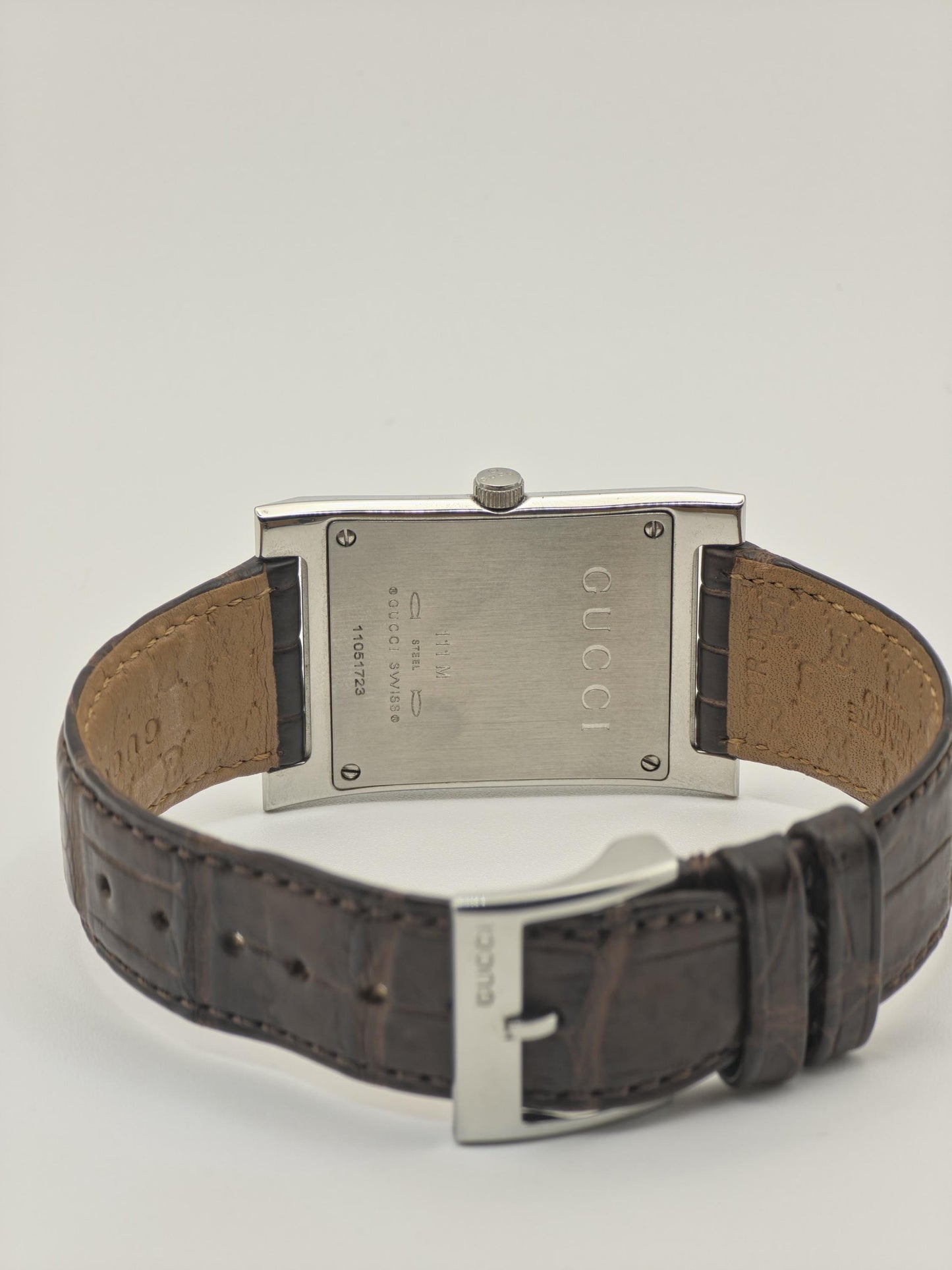 Gucci 111M Men Swiss Quartz Watch Rectangular Case Black Dial Date Leather Strap Authentic | - 25