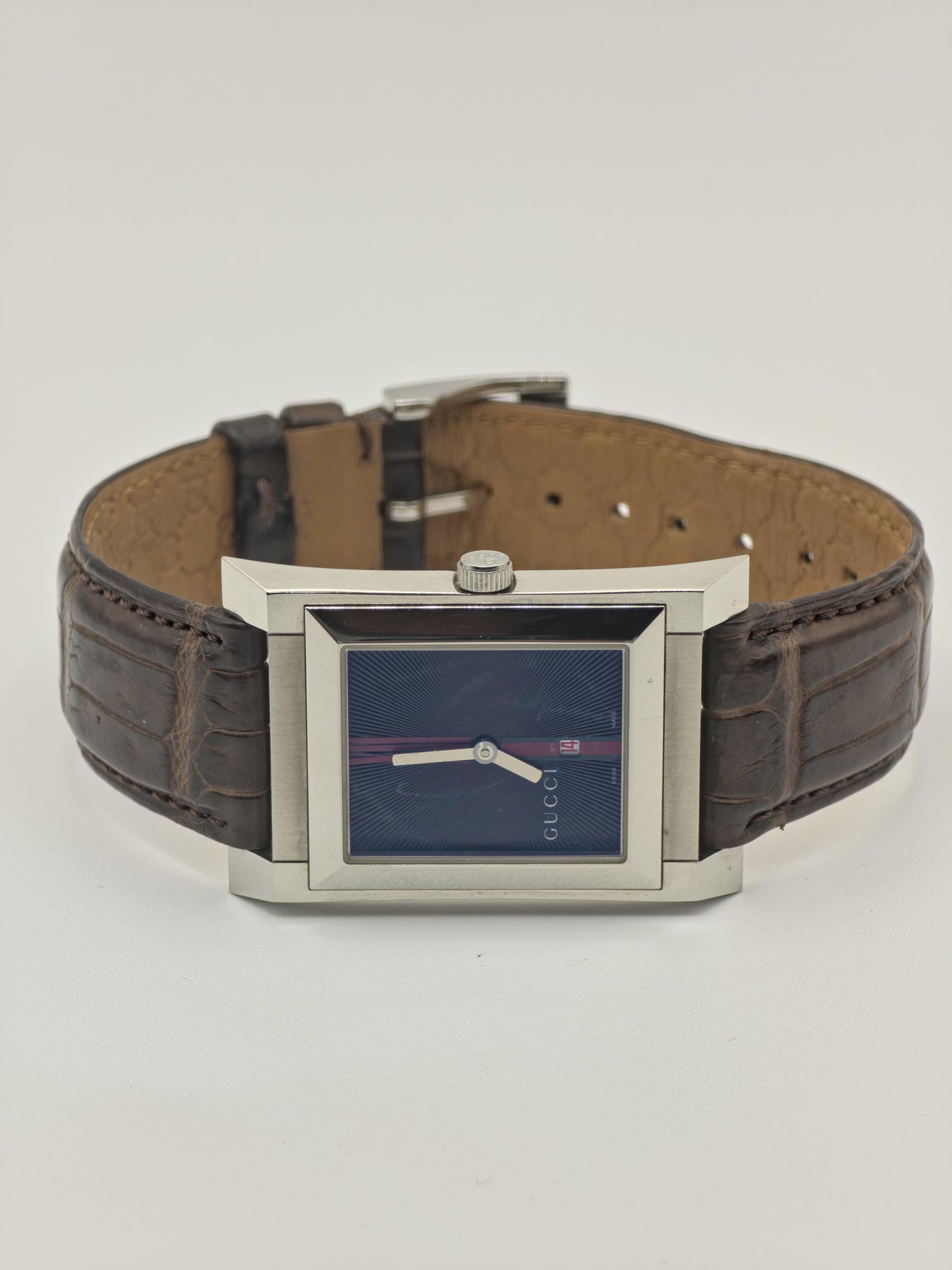 Gucci 111M Men Swiss Quartz Watch Rectangular Case Black Dial Date Leather Strap Authentic | - 25