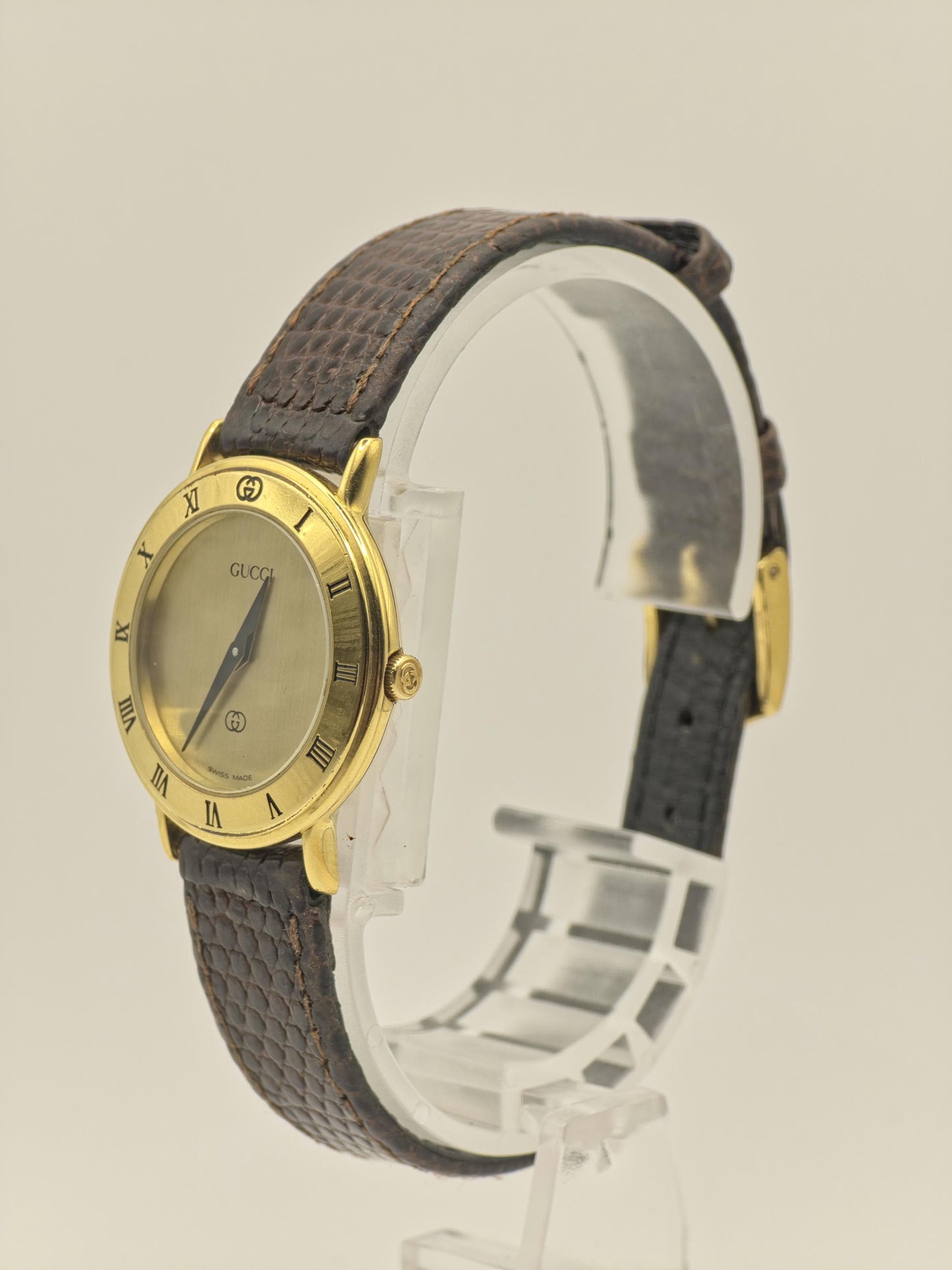 Gucci 3000L Quartz Watch Gold Plated Swiss Made Brown Leather Strap Women Vintage | - 44