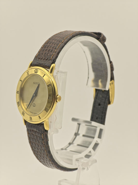 Gucci 3000L Quartz Watch Gold Plated Swiss Made Brown Leather Strap Women Vintage | - 44