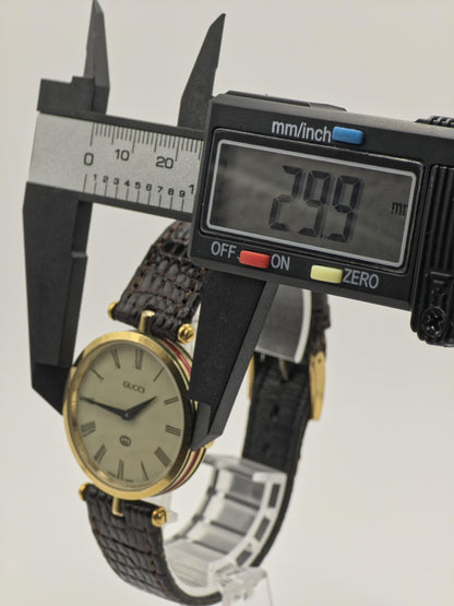 Gucci Swiss Made Quartz Watch Gold Tone Case Leather Strap Women Vintage | - 50