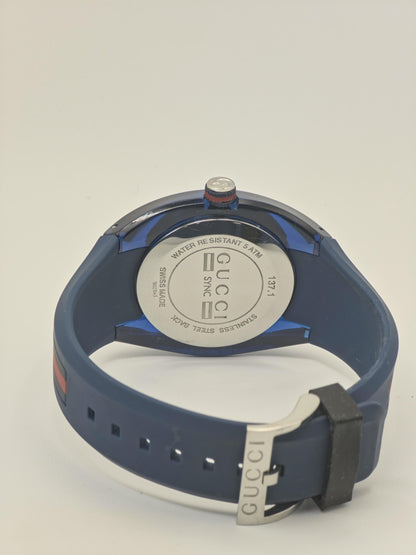 Gucci Sync 137.1 Mens Quartz Wristwatch Blue Dial Rubber Strap 5ATM Swiss Made | - 69