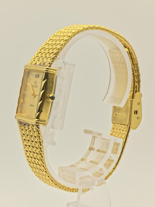 Elgin Gold-Tone Quartz Wristwatch Stainless Steel Mesh Bracelet Women Vintage | - 84