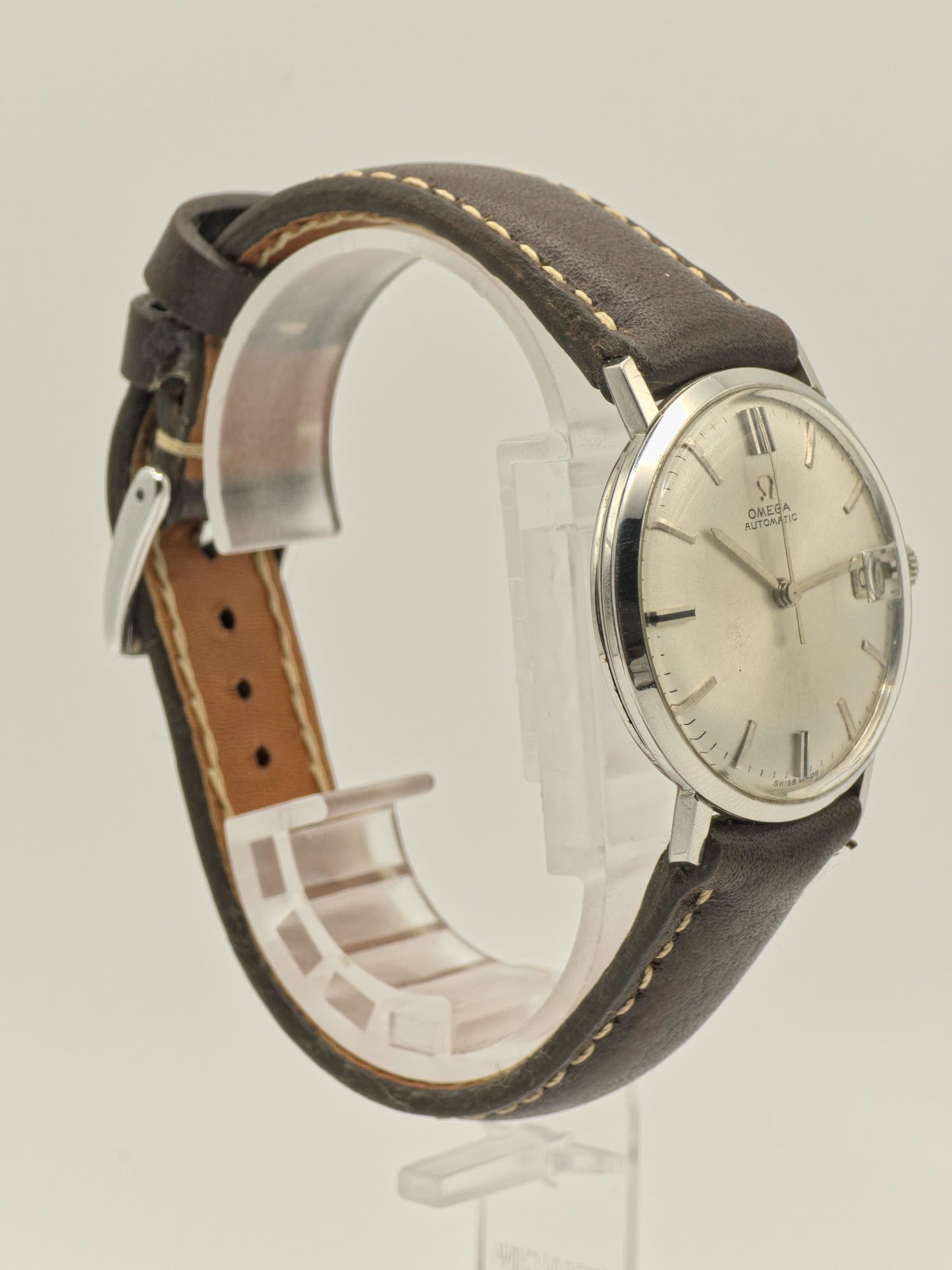 Omega Automatic Stainless Steel Date Silver Dial Leather Strap Men Vintage | - 85