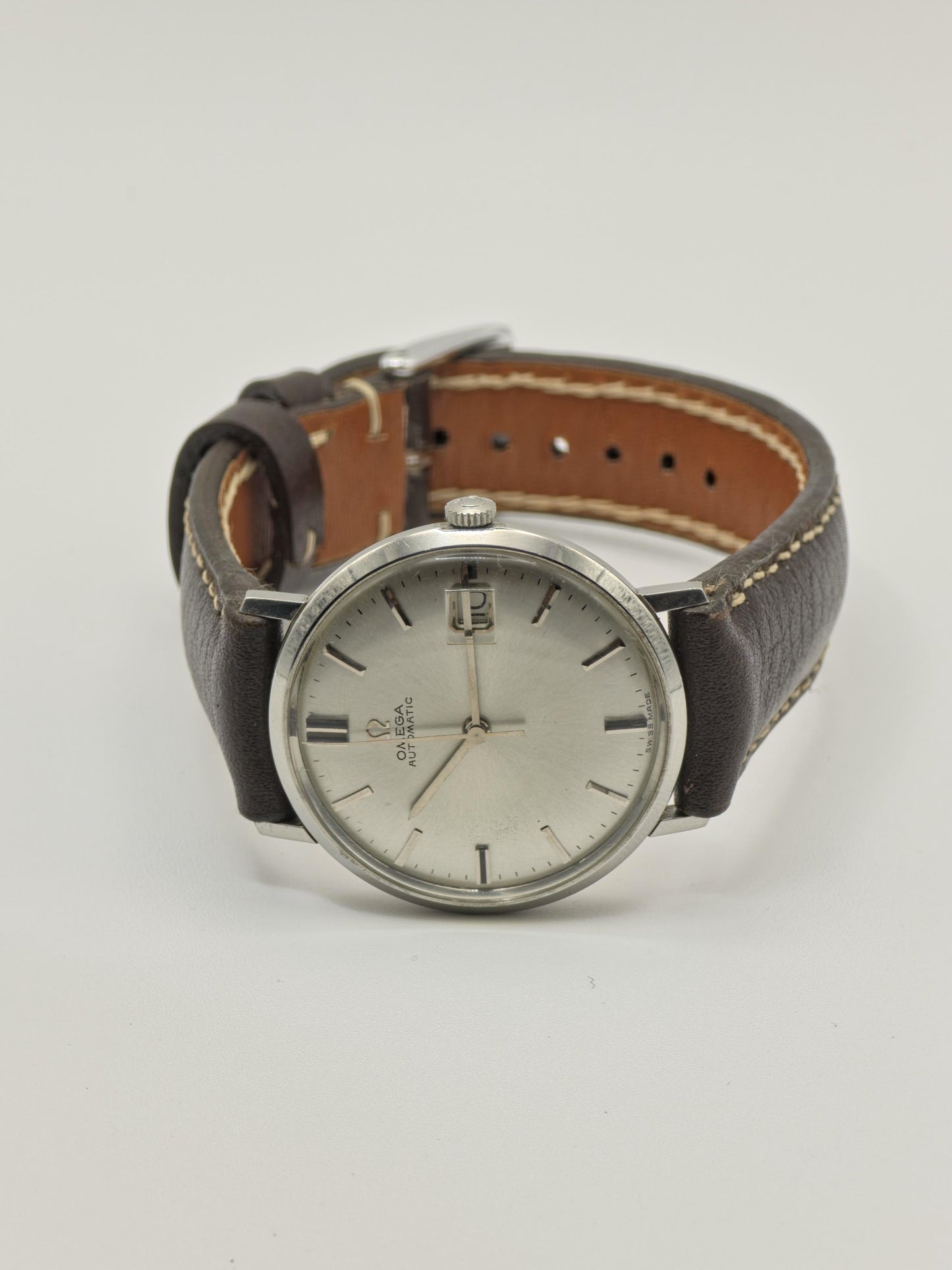 Omega Automatic Stainless Steel Date Silver Dial Leather Strap Men Vintage | - 85