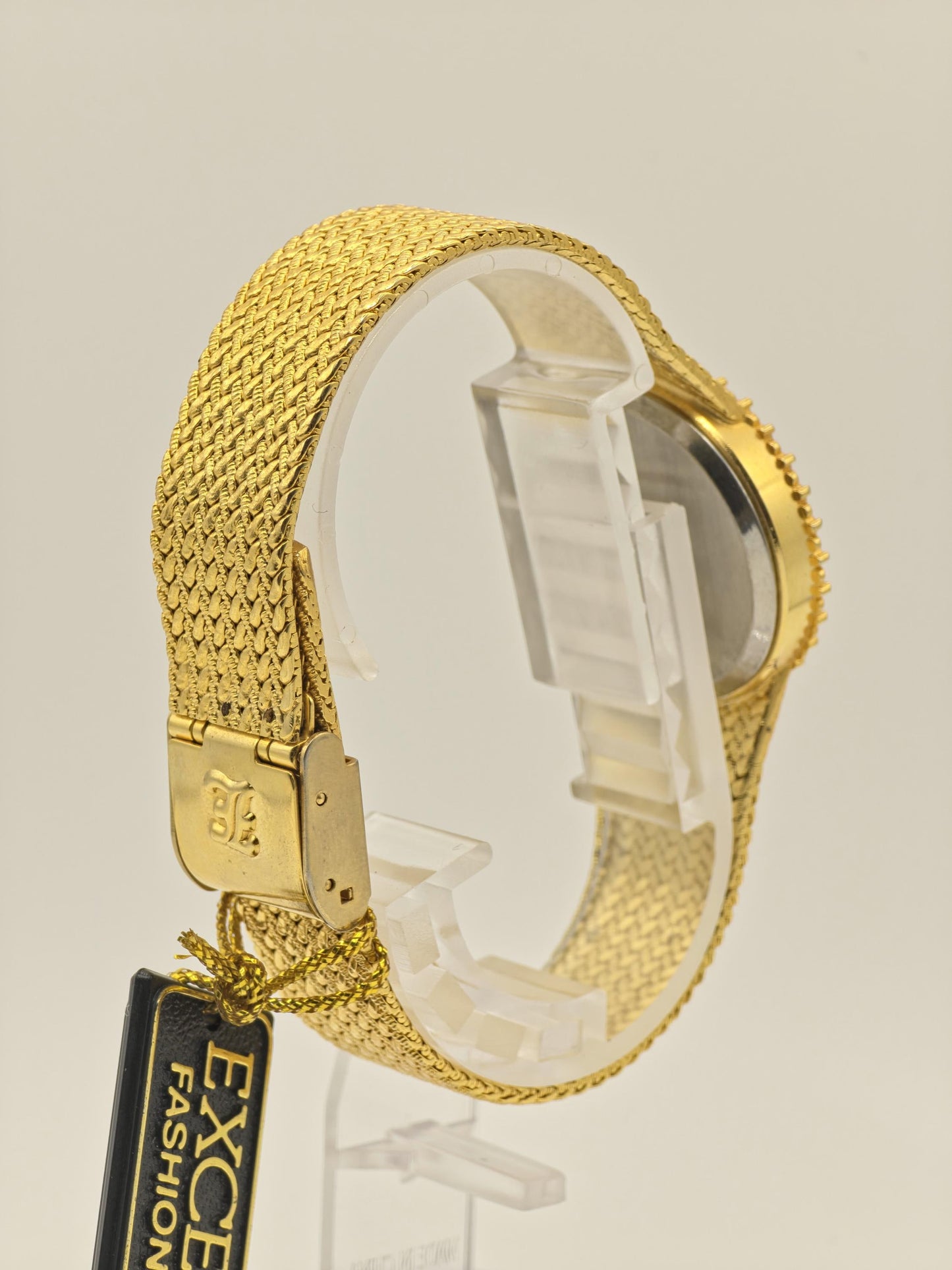 Vintage JE Excellent Quartz Gold Tone Watch Black Dial Crystal Bezel Japan Movt Unisex - 4