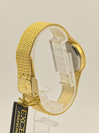 Vintage JE Excellent Quartz Gold Tone Watch Black Dial Crystal Bezel Japan Movt Unisex - 4