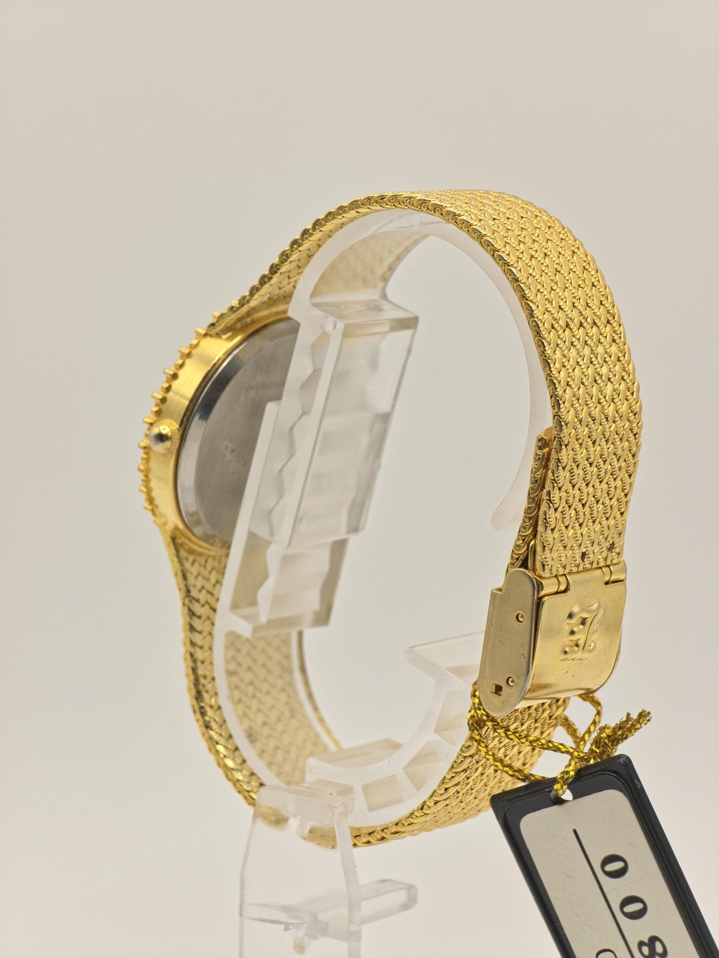 Vintage JE Excellent Quartz Gold Tone Watch Black Dial Crystal Bezel Japan Movt Unisex - 4