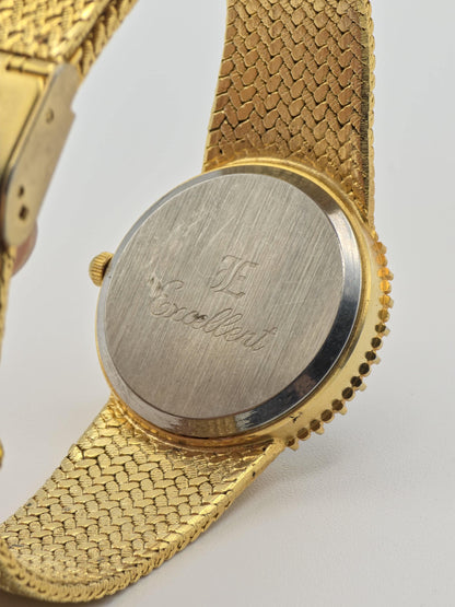 Vintage JE Excellent Quartz Gold Tone Watch Black Dial Crystal Bezel Japan Movt Unisex - 4
