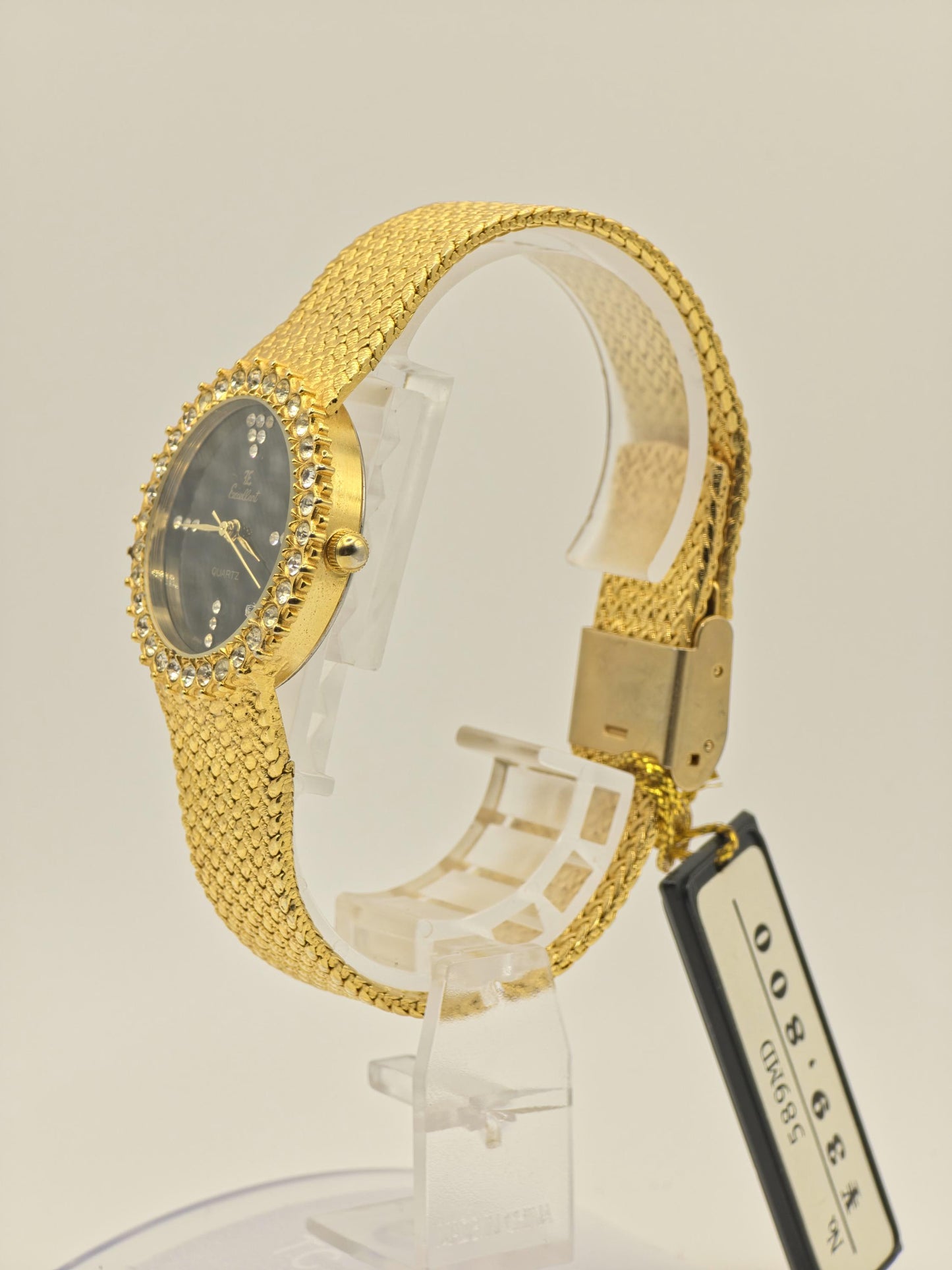 Vintage JE Excellent Quartz Gold Tone Watch Black Dial Crystal Bezel Japan Movt Unisex - 4