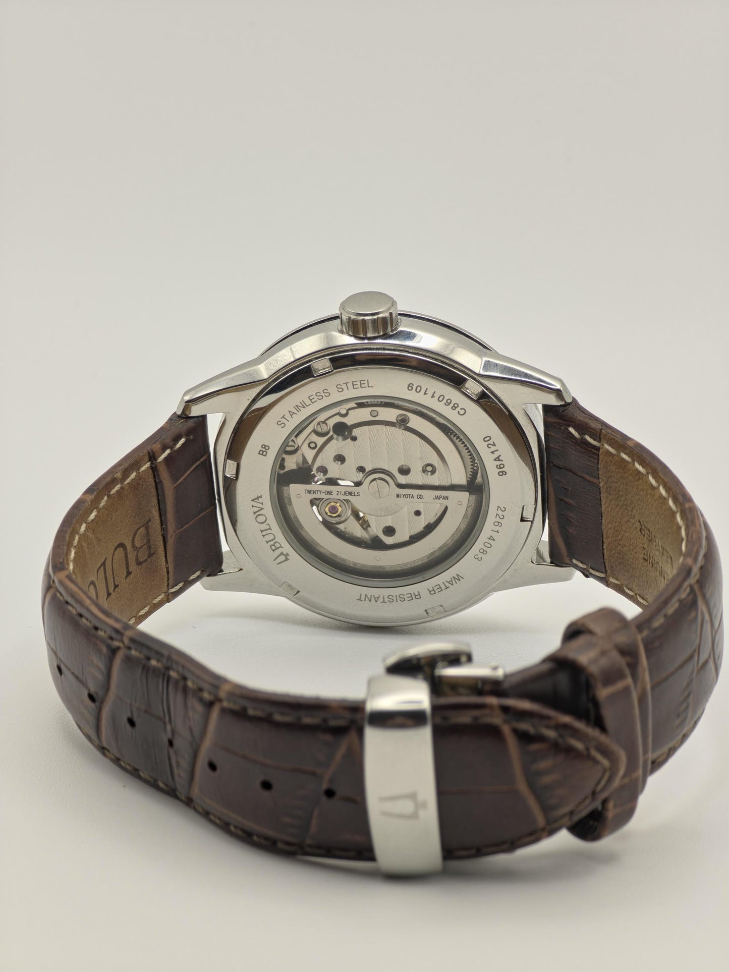 Bulova 96A120 Automatic Skeleton Watch Brown Dial Open Heart Leather Strap Japan Movt - 6