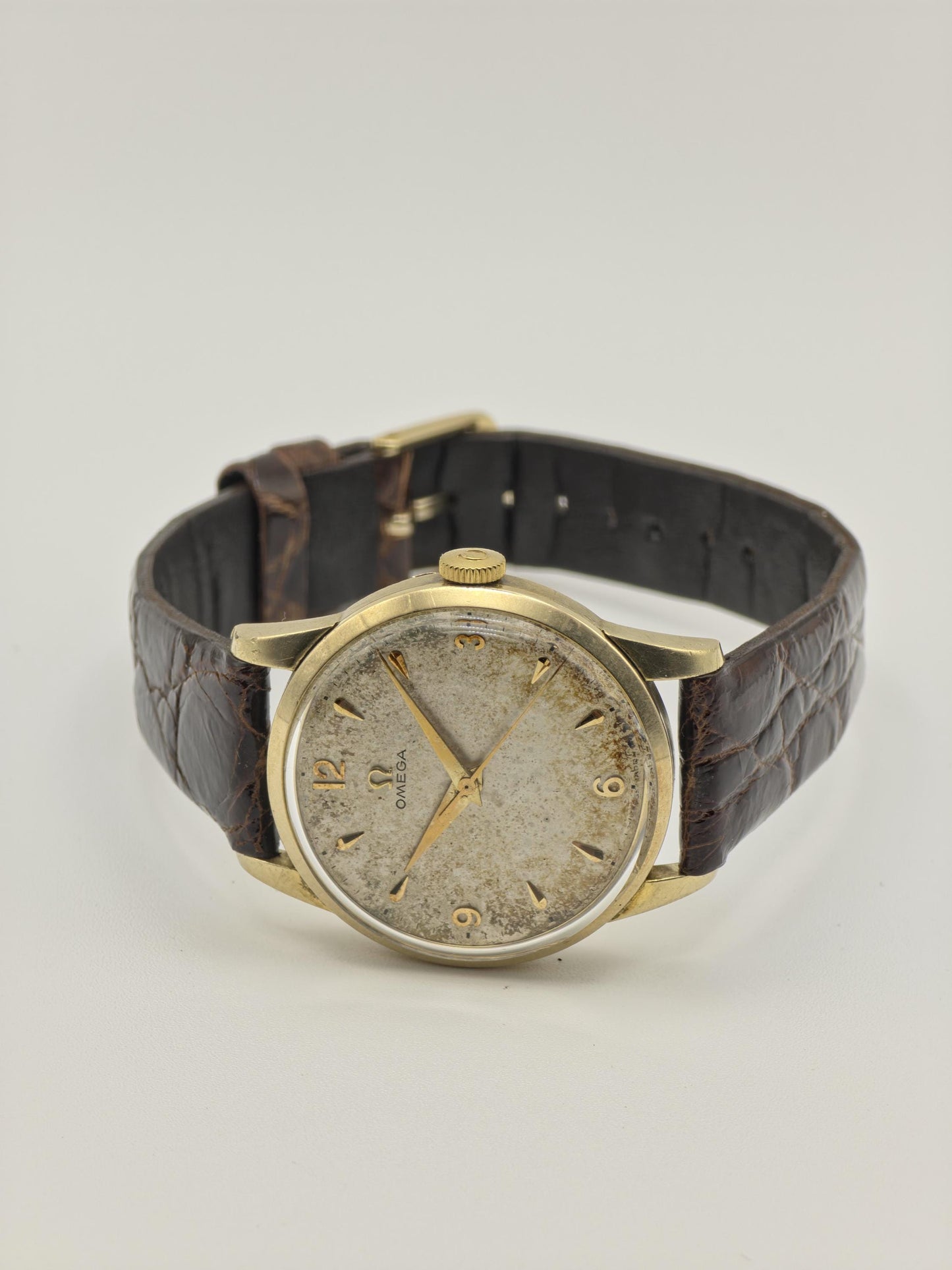 Vintage Omega Manual Wind Watch Gold Tone Patina Dial Classic Swiss Made Leather Strap - 8