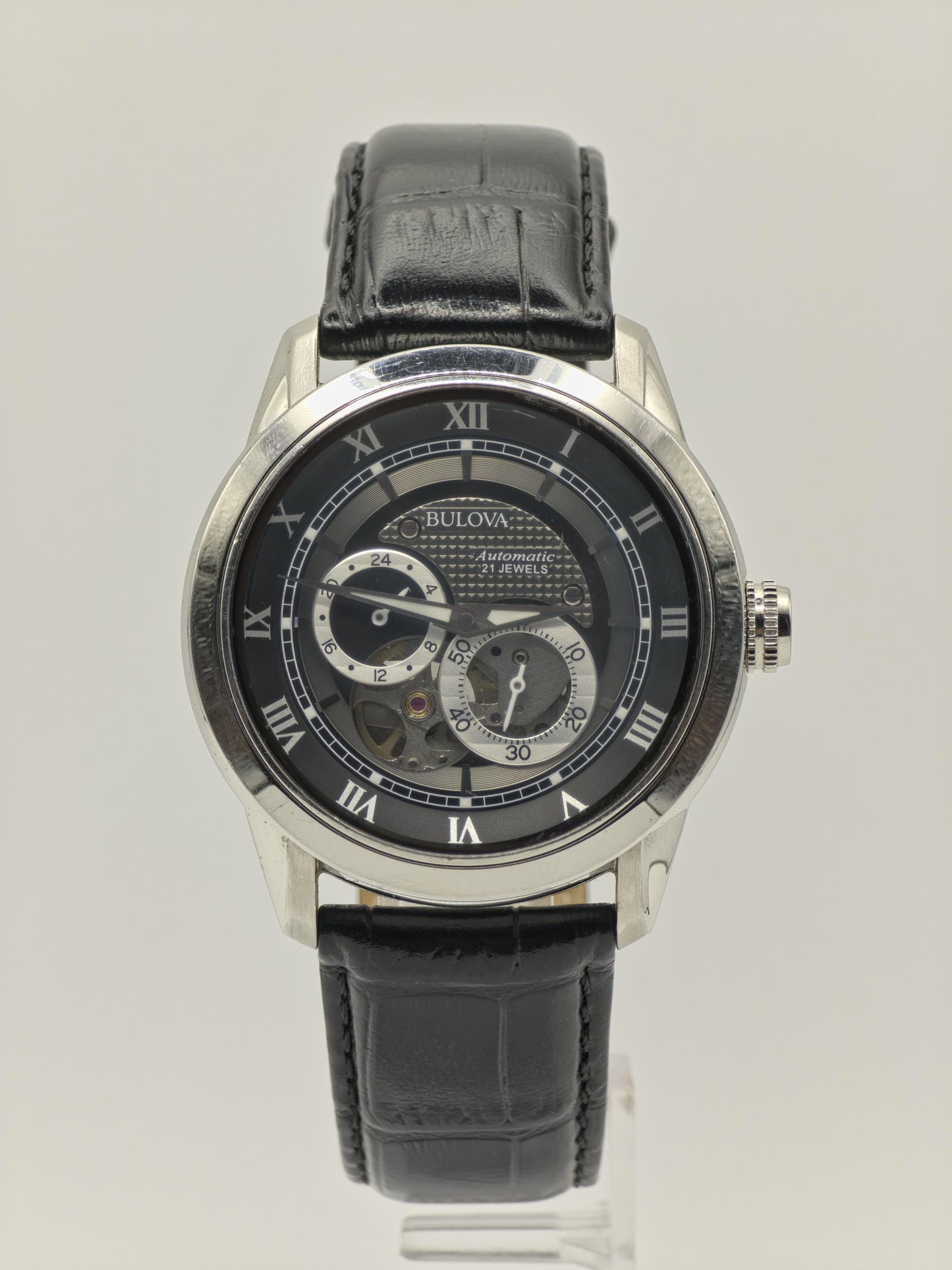 Bulova 96A135 Automatic Skeleton Watch Black Dial Roman Numerals Leather Strap Mens - 9