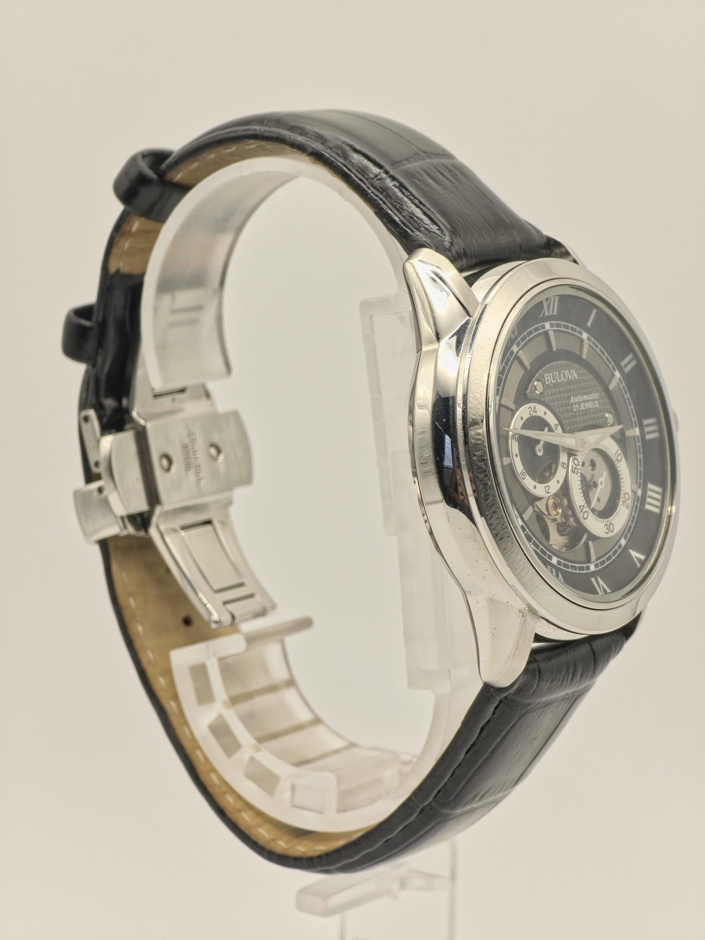 Bulova 96A135 Automatic Skeleton Watch Black Dial Roman Numerals Leather Strap Mens - 9