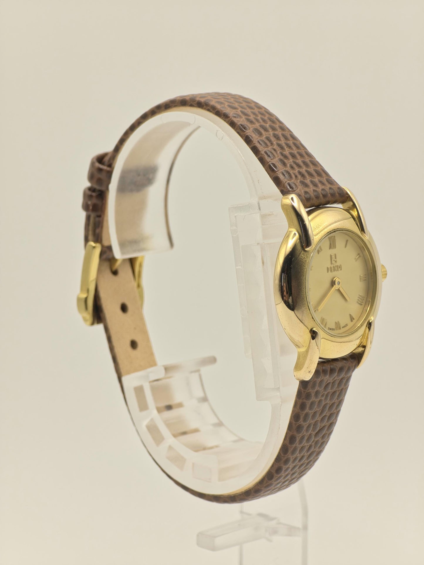 Vintage Fendi Ladies Quartz Watch Gold Tone Roman Dial Brown Leather Strap Swiss Made - 10