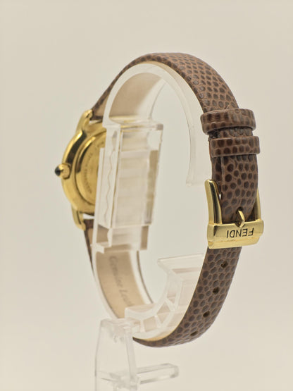 Vintage Fendi Ladies Quartz Watch Gold Tone Roman Dial Brown Leather Strap Swiss Made - 10