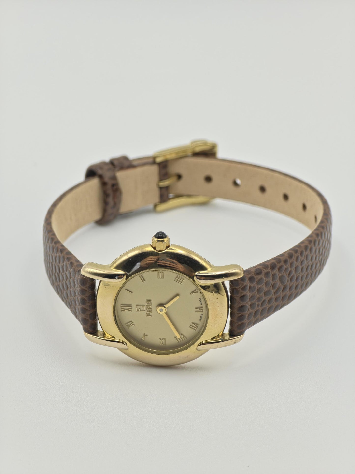 Vintage Fendi Ladies Quartz Watch Gold Tone Roman Dial Brown Leather Strap Swiss Made - 10