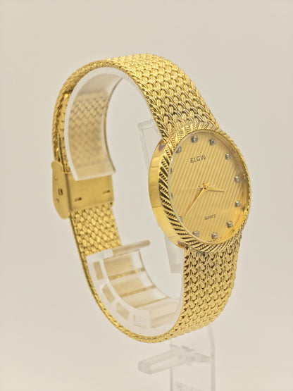 Vintage Elgin Unisex Quartz Watch Gold Tone Mesh Bracelet Swiss Movement Crystal Dial - 11
