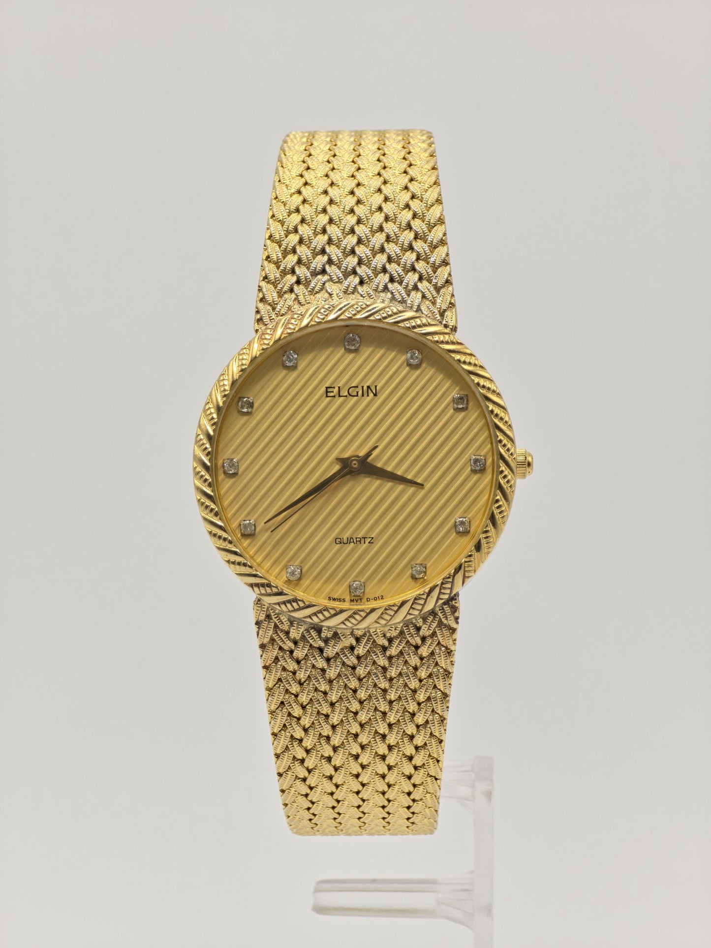 Vintage Elgin Unisex Quartz Watch Gold Tone Mesh Bracelet Swiss Movement Crystal Dial - 11