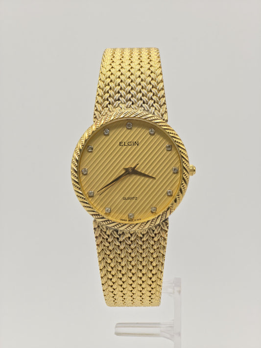 Vintage Elgin Unisex Quartz Watch Gold Tone Mesh Bracelet Swiss Movement Crystal Dial - 11