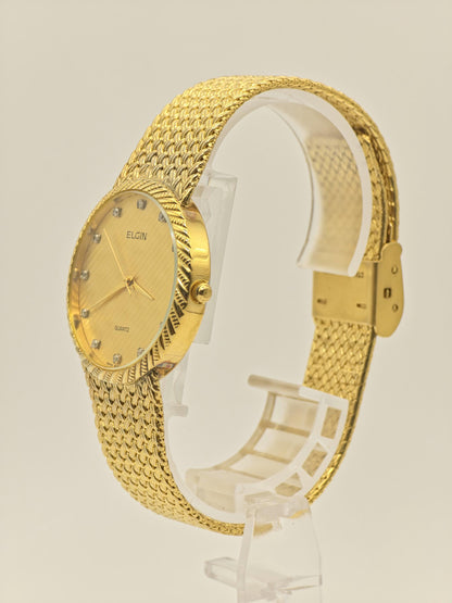 Vintage Elgin Unisex Quartz Watch Gold Tone Mesh Bracelet Swiss Movement Crystal Dial - 11