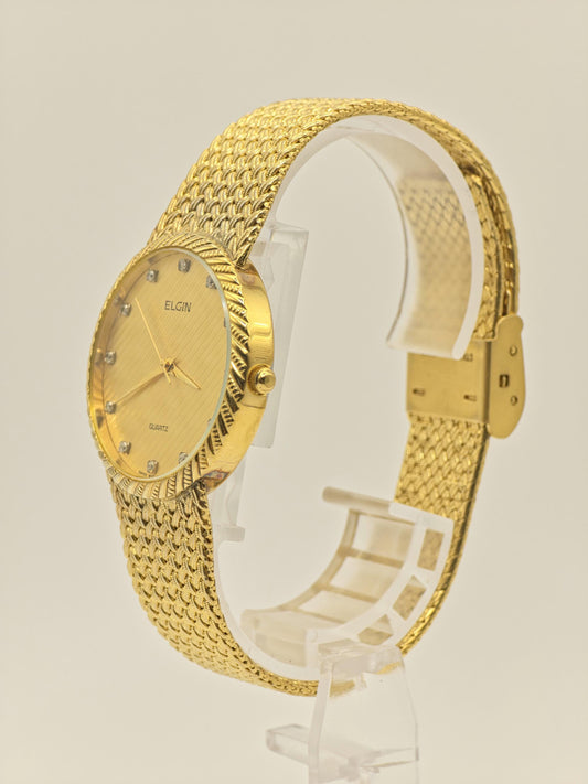 Vintage Elgin Unisex Quartz Watch Gold Tone Mesh Bracelet Swiss Movement Crystal Dial - 11