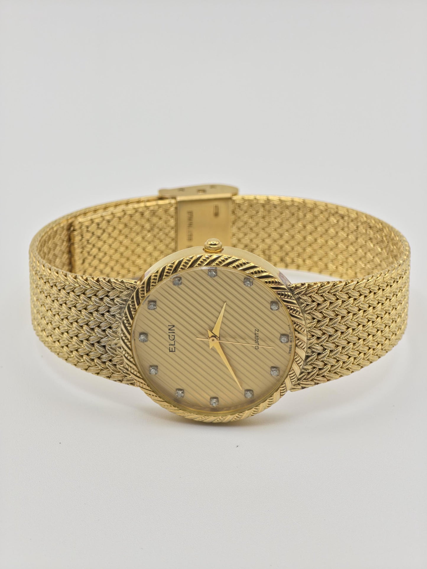 Vintage Elgin Unisex Quartz Watch Gold Tone Mesh Bracelet Swiss Movement Crystal Dial - 11