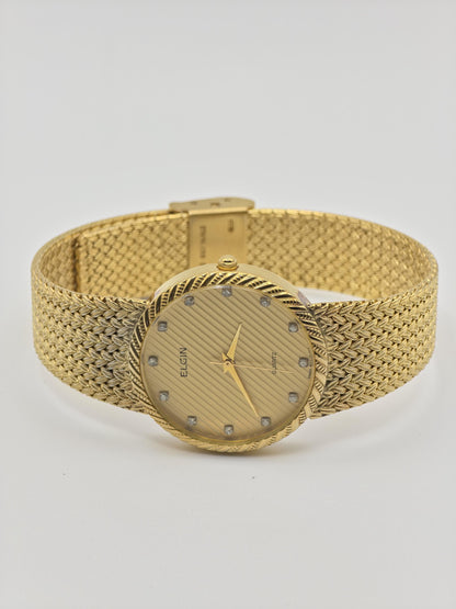 Vintage Elgin Unisex Quartz Watch Gold Tone Mesh Bracelet Swiss Movement Crystal Dial - 11