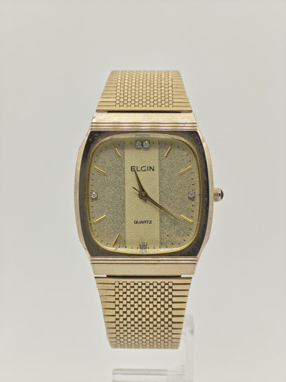 Vintage Elgin Unisex Quartz Watch Gold Tone Square Case Mesh Bracelet Swiss Movement - 12