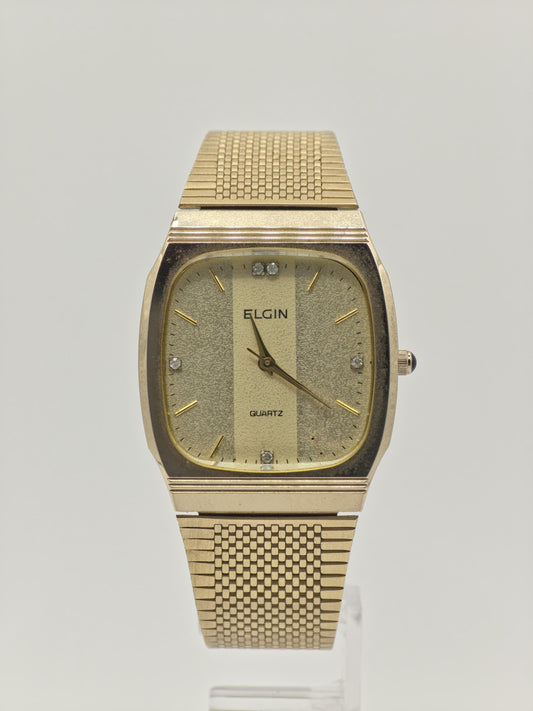 Vintage Elgin Unisex Quartz Watch Gold Tone Square Case Mesh Bracelet Swiss Movement - 12