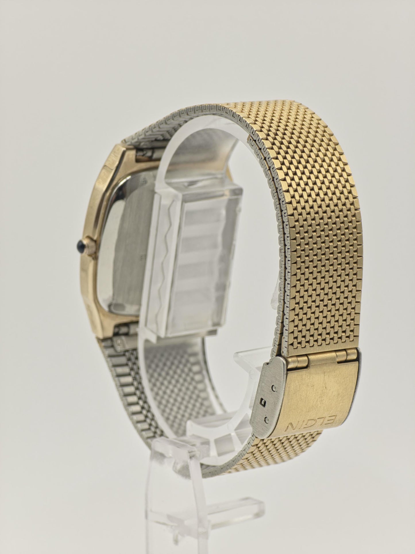 Vintage Elgin Unisex Quartz Watch Gold Tone Square Case Mesh Bracelet Swiss Movement - 12