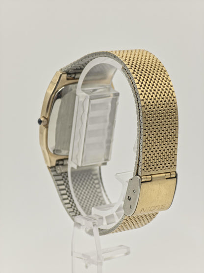 Vintage Elgin Unisex Quartz Watch Gold Tone Square Case Mesh Bracelet Swiss Movement - 12