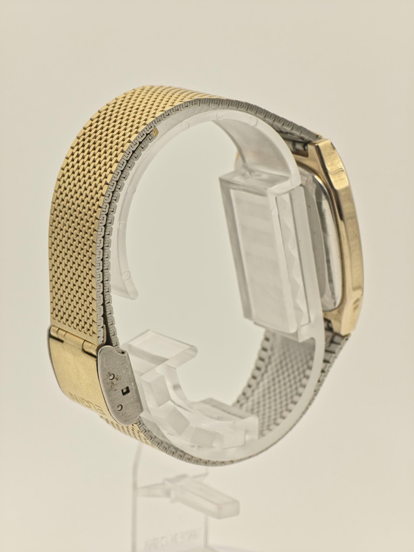 Vintage Elgin Unisex Quartz Watch Gold Tone Square Case Mesh Bracelet Swiss Movement - 12
