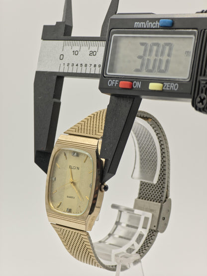 Vintage Elgin Unisex Quartz Watch Gold Tone Square Case Mesh Bracelet Swiss Movement - 12