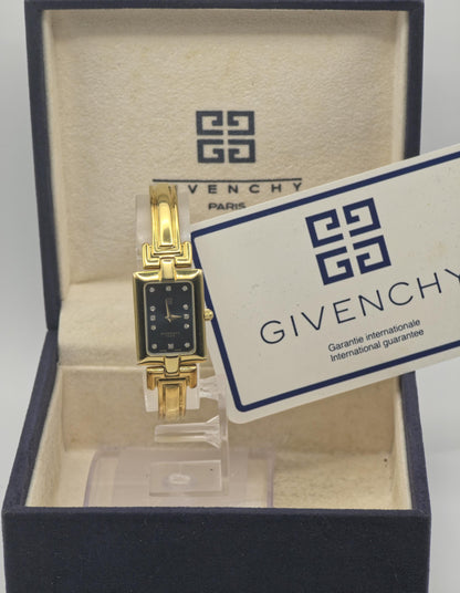 Givenchy Women Quartz Watch Gold Tone Bracelet Black Dial Diamonds | - 104