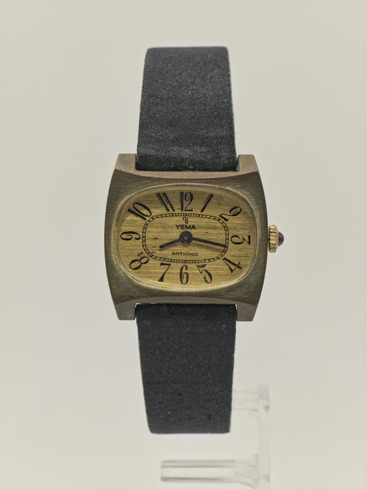 Vintage Yema Antichoc Women’s Watch Gold Tone Case Manual Wind Leather Strap | - 37